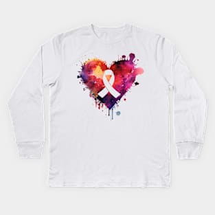 Ribbon in Center of Bold Colorful Heart - Cancer - Digital Watercolor Graphic Design Kids Long Sleeve T-Shirt